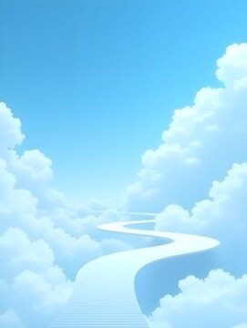 Ethereal Skyline A sleek winding bridge made of smooth white lines extends upwards into a bright blue sky filled with fluffy white clouds. The bridge narrows as it reaches the.