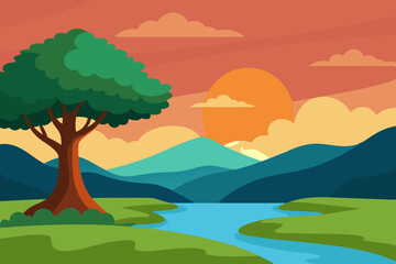 Obraz premium Peaceful Riverside Scene Animation Video Background with Tree Vector Art