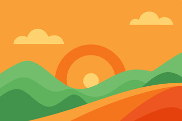 Obraz premium Serene Cartoon Hills Animation Video Background with Orange Sky Vector Art