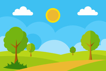 Fototapeta premium Bright Sunny Day Field Animation Cartoon Video Background with Sky Vector