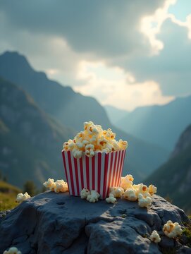 Popcorn on a rocky mountain under dramatic cloudy sky, dreamy surreal landscape