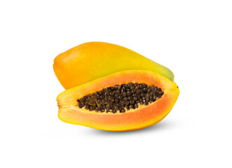 Ripe papaya fruit and half with seeds isolated with clipping path.