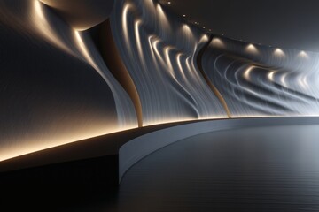 Abstract architecture: Smooth curved wall with embedded lighting creates a modern and dynamic interior space.