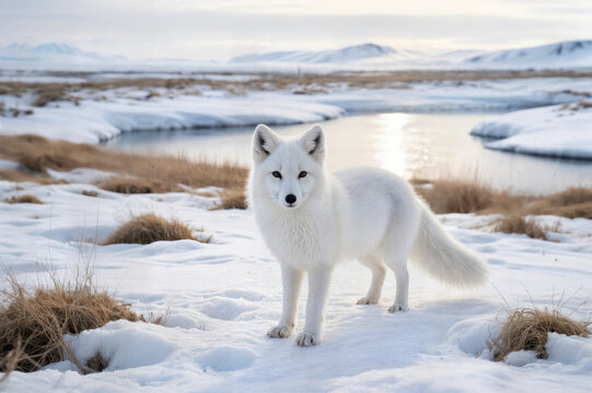 arctic white fox in winter time in siberian tundra concept concepto de zorro &aacute;rtico en invierno en la tundra siberiana renard arctique hiver dans la toundra sib&eacute;rienne concept &ccedil;akal kurt beyaz tilki