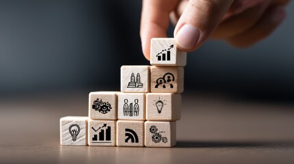 Wooden blocks with business icons are stacked to create a growth metaphor.