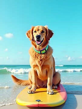 Golden retriever with iridescent collar sitting on colorful surfboard