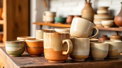 "Closeup of Handmade Ceramic Cups on Display for Sale"
