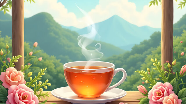 a cup of tea with flowers and mountains in the background