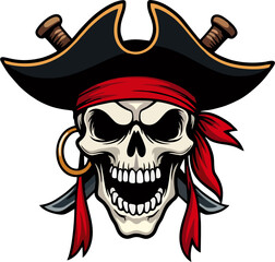 Vector Illustration of Pirate Skull with Red Bandana, Tricorn Hat, and Crossed Daggers