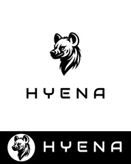 Bold and modern hyena logo design featuring a stylized hyena head in black and white