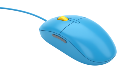 Modern blue computer mouse with yellow scroller isolated on white background