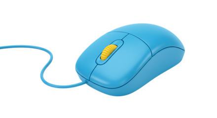 Bright blue wired computer mouse isolated on white background