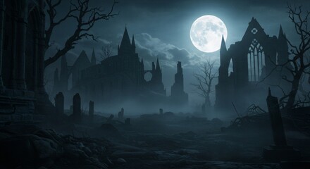 Full moon shining over an old abandoned church on a desolate, foggy night, scary and horror Halloween concept.