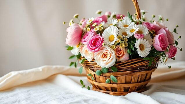 "High-Angle Closeup of Beautiful Flowers in a Wooden Basket"