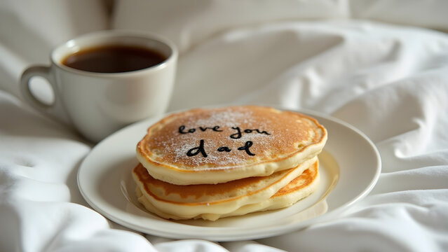 A heartwarming breakfast in bed with pancakes coffee and a handwritten message saying love you dad.