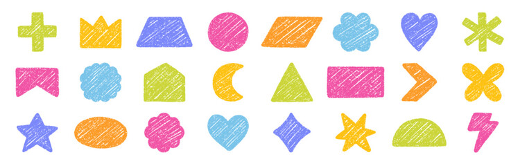 Abstract geometric shapes and forms, chalk pencil doodle set. Crayon modern figures, brush crown, star, heart in sketch style. Hand drawn vector illustration isolated on white background