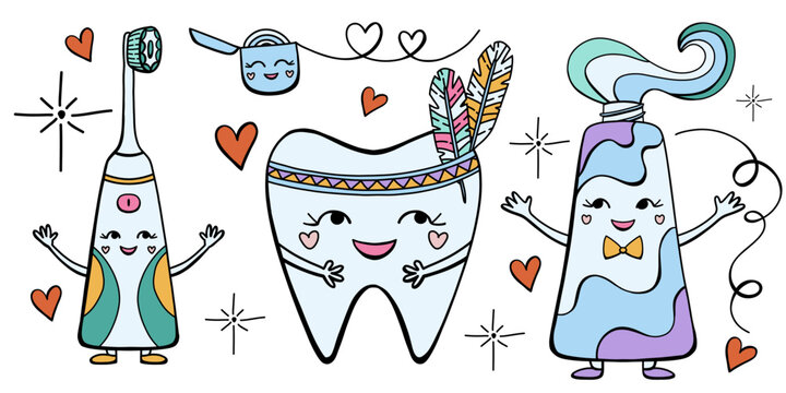 Pretty fairy tooth character and dental health elements vector set. Cute smiling toothpaste and tooth brush doodle for child dental design. Kids dental care