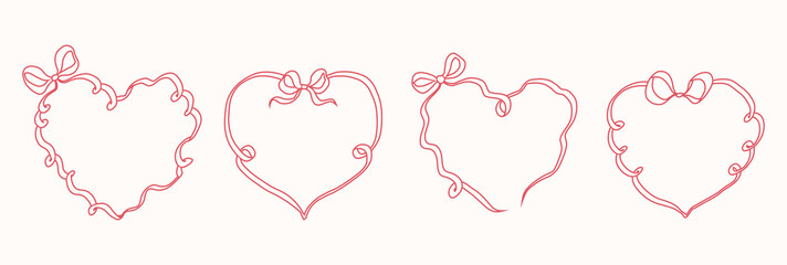 Coquette ribbon frames with bow in heart shapes. Whimsical lace borders in simple crayon and sketch style. Trendy art for bachelorette party and wedding invitations. Flourish vector illustration