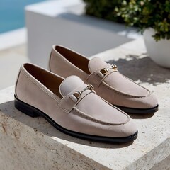 Naklejka premium Pair of light beige suede loafers with gold-toned metal accents