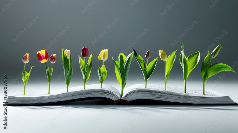 Poster surreal image of tulips growing between pages of a book stack on a bright white stage