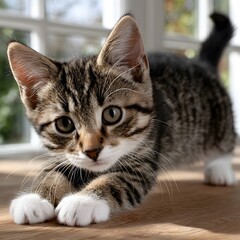 Playful tabby kitten on a light-colored surface, looking alert