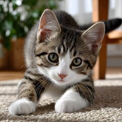 Playful kitten with large eyes, gray and white tabby, on beige carpet