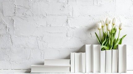 Simple white backdrop with a poetic arrangement of tulips growing through white books