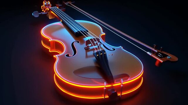  A glowing violin bathed in vibrant neon lights, its intricate lines and shapes illuminated against a dark background