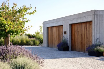 Concrete Driveways. House Exterior with Wooden Garage Doors, Large Parking Area, and Lavandula Plants