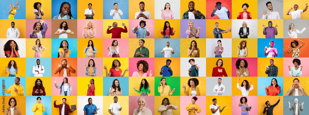 Poster a lively collection of diverse individuals showcases various facial expressions and gestures against
