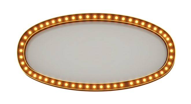 Oval marquee sign with glowing lights isolated on white background
