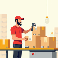 Delivery man scanning packages for shipping and logistics with barcode scanner in warehouse setting