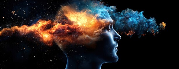 Artistic representation of the human mind as a bloom of stars and nebulae, illustrating a 3-giixel standard of mental capacity and complexity.