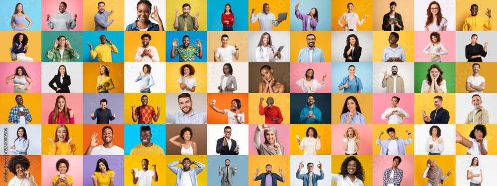 Poster a collection of diverse individuals expressing various emotions and lifestyles stands against bright