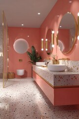 Coral-toned bathroom featuring terrazzo surfaces, sleek fixtures, and golden accents for a stylish, coordinated aesthetic.