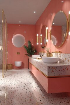 Coral-toned bathroom featuring terrazzo surfaces, sleek fixtures, and golden accents for a stylish, coordinated aesthetic.