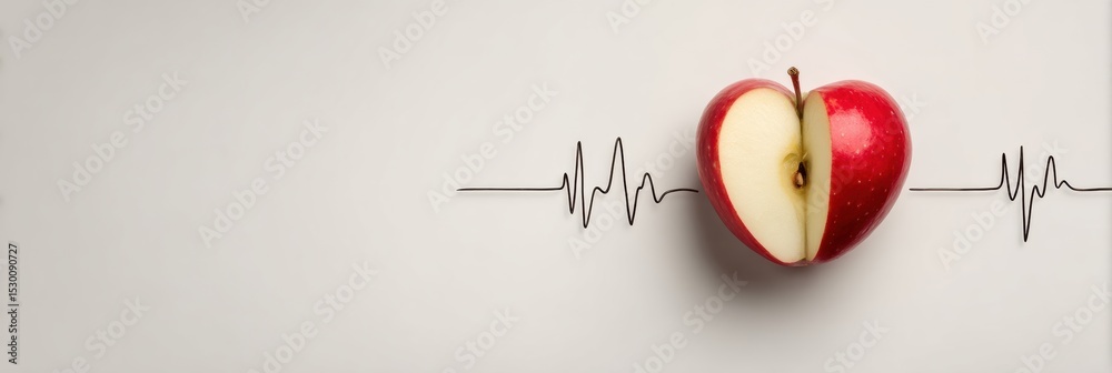Poster red apple sliced into heart shape with heartbeat line symbolizing love for health and wellness