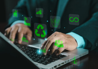 Net zero and carbon neutral. analyze investment sustainability ESG icons. Circular economy,...