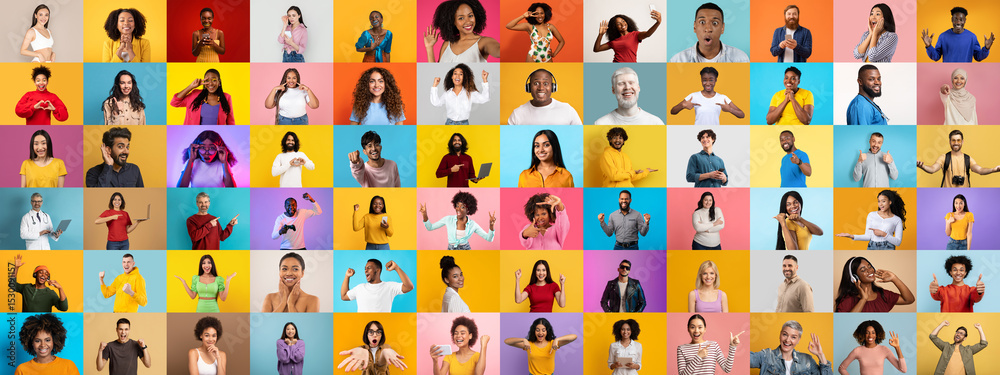 Poster a vibrant collage features a multitude of diverse individuals expressing joy and unity. each person 