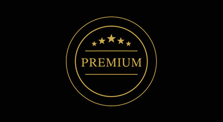 Fototapeta premium Circular flat badge icon with black fill, gold border, “PREMIUM” in serif font, star above text, clean vector style, no effects, great for labels and packaging