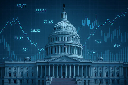 financial data, government building. The U.S. Capitol building is overlaid with financial charts and numerical data, symbolizing the intersection of government and economic markets.