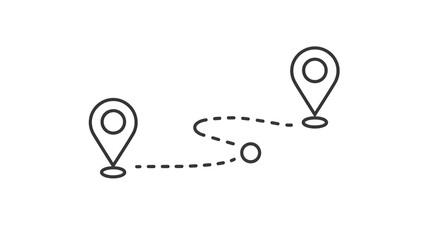 Simple route map icon with two location pins and dotted line isolated on white background