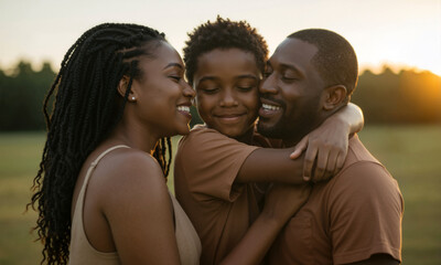 Loving Black family hugging outdoors at sunset. African American mother, father, and son in warm light embracing. Loving parents.