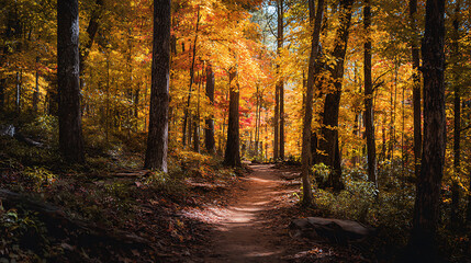 Obraz premium Forest Trail Through Maple Trees In Georgia Piedmont, Ideal For Seasonal Advertising And Brochures