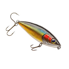Fishing lure close up view shiny metallic colors sharp hooks realistic design