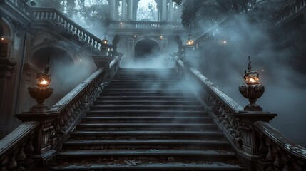 Mysterious stairs to a forgotten mansion, shrouded in mist and the glow of lanterns