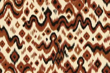 Tribal ikat pattern with abstract ethnic motifs and bold zigzag shapes in earthy rust, black and beige tones, seamless textile design for fabric, wallpaper, backgrounds, and home decor.
