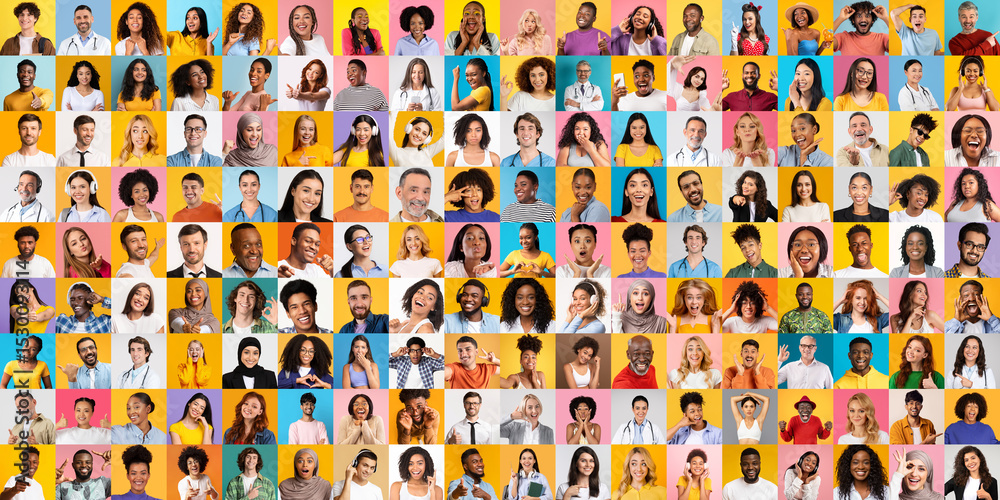 Poster A collection of portraits showcases people from various backgrounds smiling and expressing joy. This colorful set represents the essence of unity and diversity in a modern lifestyle.