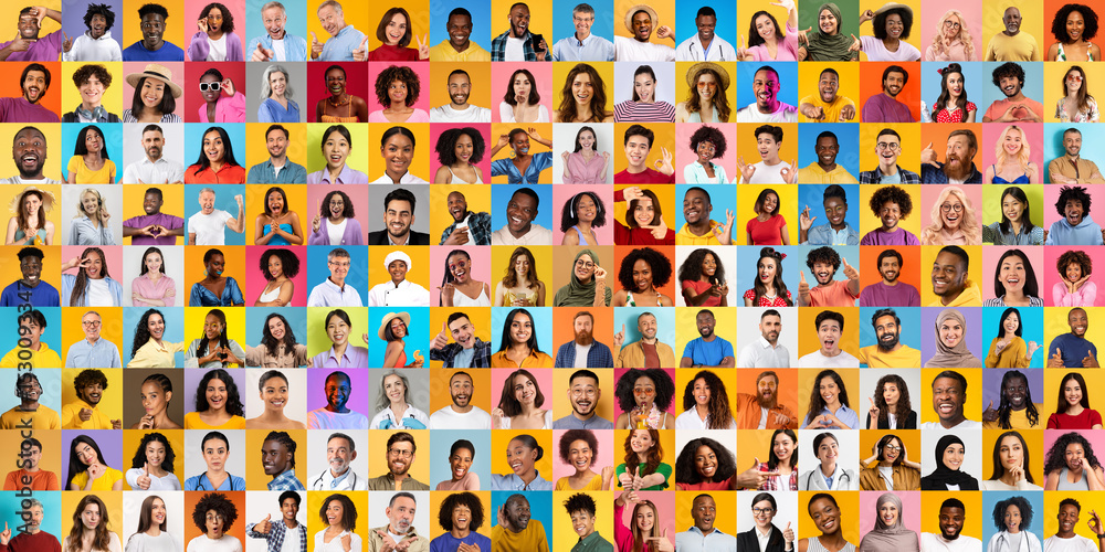 Poster This vibrant collage features a diverse group of individuals from various backgrounds, each displaying unique expressions and styles.