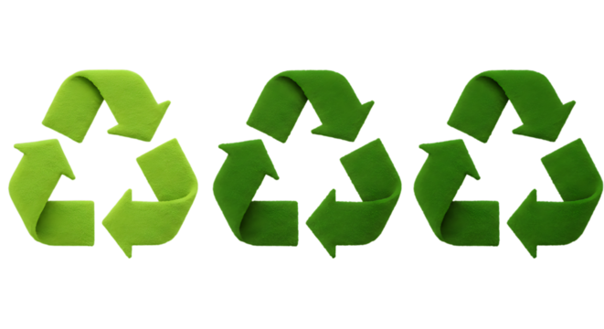 Three green recycle symbols made of fabric isolated on white background